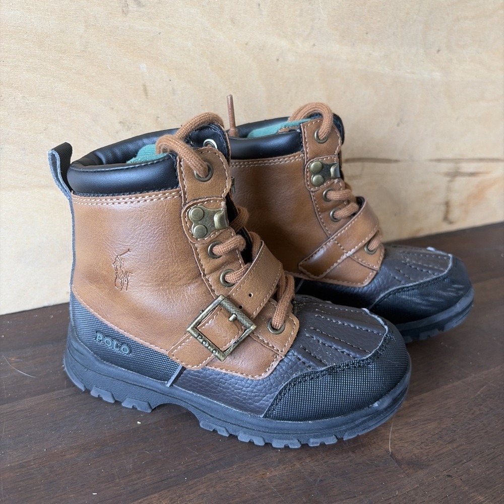 Polo Ralph Lauren Toddler Brown Black Leather Boots Water Resistant Buckle 9.5